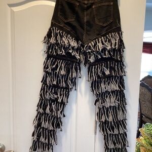 DENIM HIGH RISE RIPPED FRINGE JEANS ( Size: Large)